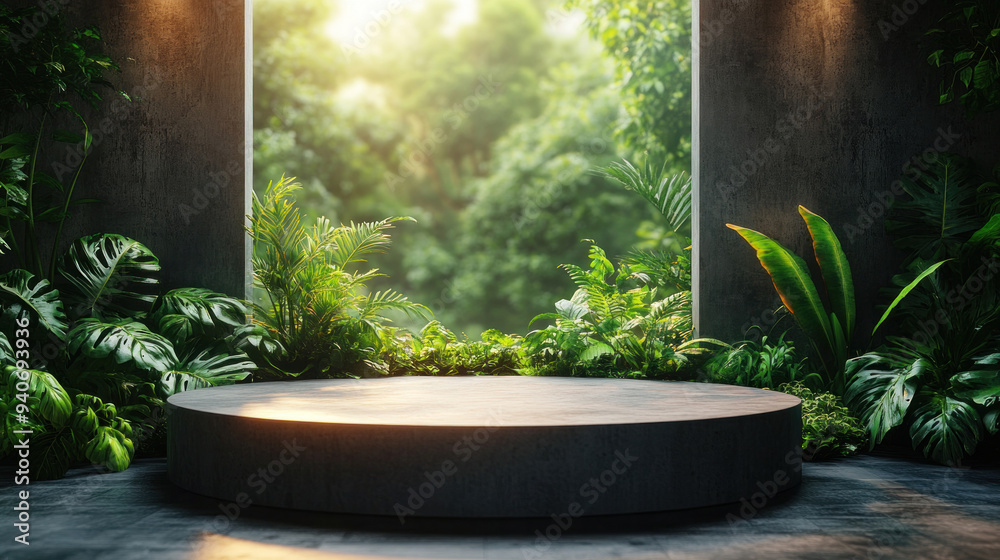 A 3D podium surrounded by lush greenery, combining organic elements with modern design for a natural product presentation. A 3D podium surrounded by lush greenery, combining organic elements with modern design for a natural product presentation.