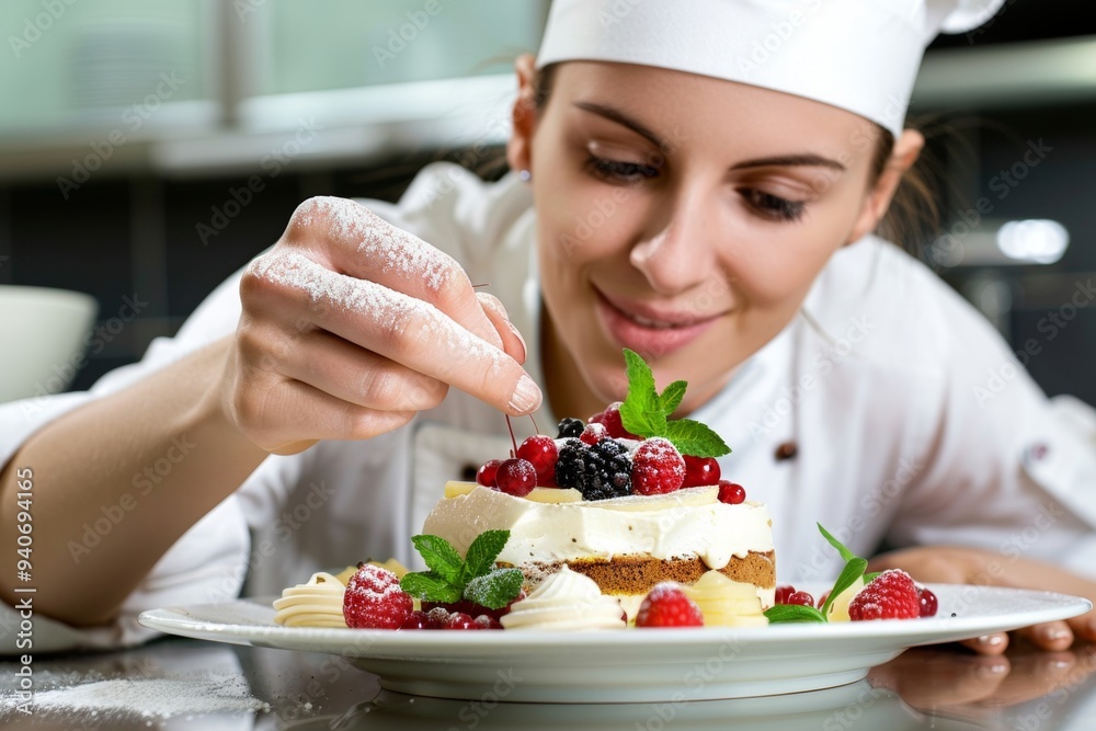 A woman chef is preparing a dessert with strawberries and lemon A woman chef is preparing a dessert with strawberries and lemon