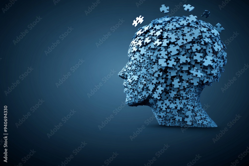 Abstract depiction of a human head made of blue puzzle pieces symbolizing the complexity of thought the challenge of self discovery and the intricate connections within the mind Abstract depiction of a human head made of blue puzzle pieces symbolizing the complexity of thought the challenge of self discovery and the intricate connections within the mind