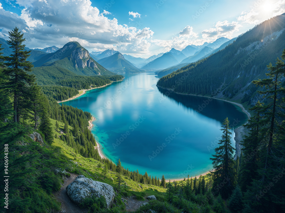 Obraz premium Illustration of a lake, drone view.