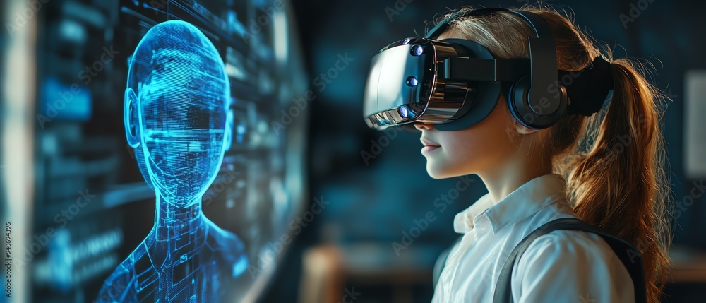 Futuristic classroom with a school student wearing a VR headset, engaged in AI technology and machine learning, showcasing interactive innovation and a blue AI hologram