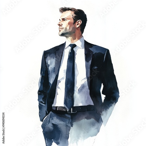 watercolor painting of a man in a dark suit standing confidently, on isolated white background