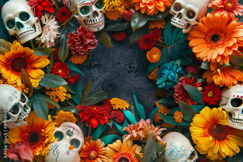 Beautiful greeting card with bright holiday composition for happy to joy celebrate dia de muertos Beautiful greeting card with bright holiday composition for happy to joy celebrate dia de muertos