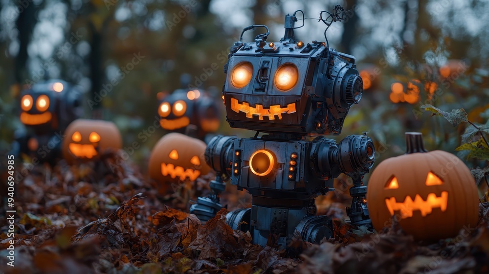 Obraz premium Futuristic Robot Pumpkin Patch with Illuminated Jack-O'-Lantern Heads and Mechanical Vines