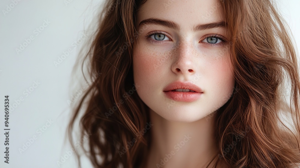 Young woman with wavy brown hair and freckles looking at the camera Young woman with wavy brown hair and freckles looking at the camera