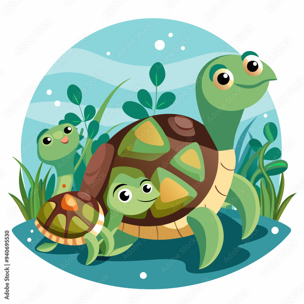 Fototapeta premium Three Cartoon Turtles In A Pond With Plants