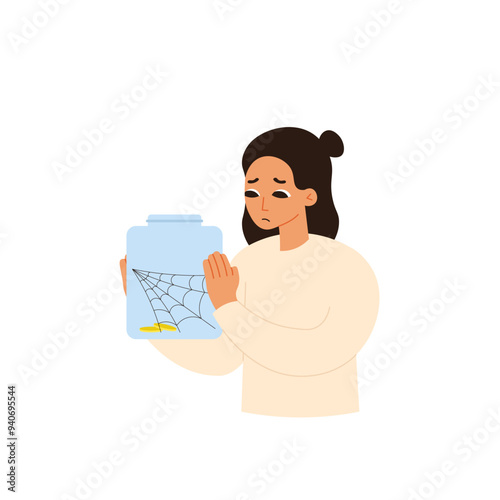 Financial Struggle Character 1 Woman Holding Piggy Bank Jar
