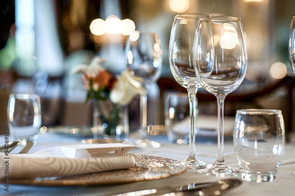 A table with a variety of wine glasses and a white napkin A table with a variety of wine glasses and a white napkin