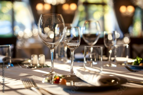 A table with a variety of wine glasses and a white napkin