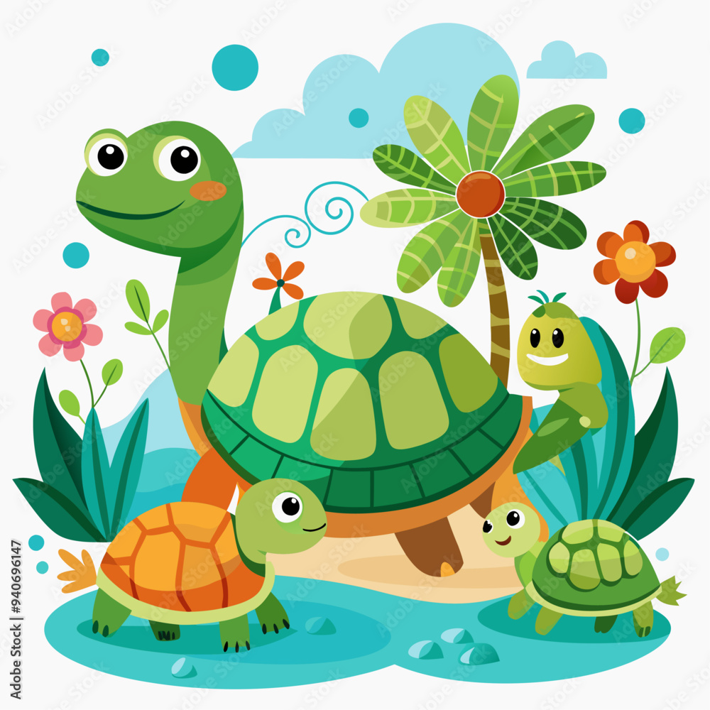 Obraz premium Four Adorable Turtles Enjoying a Day by the Pond