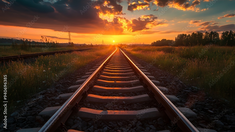 A serene sunset over railway tracks, highlighting nature's beauty and tranquility. A serene sunset over railway tracks, highlighting nature's beauty and tranquility.