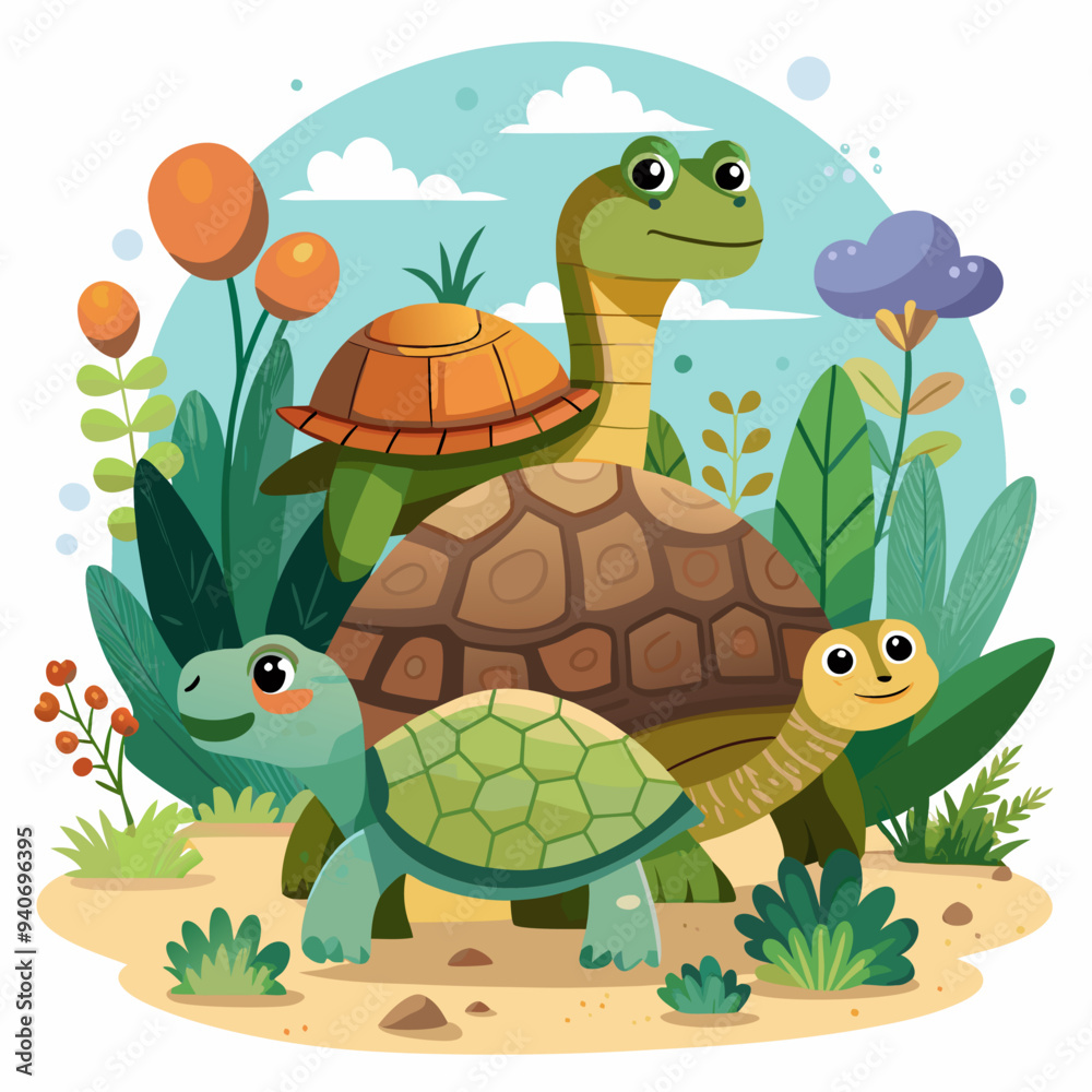 Fototapeta premium Three Cartoon Turtles In a Garden Landscape