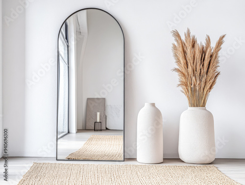 Minimalist living room interior design with a mirror next to a large window, neutral lighting and tones. Premium Real Estate interiors with copyspace. photo