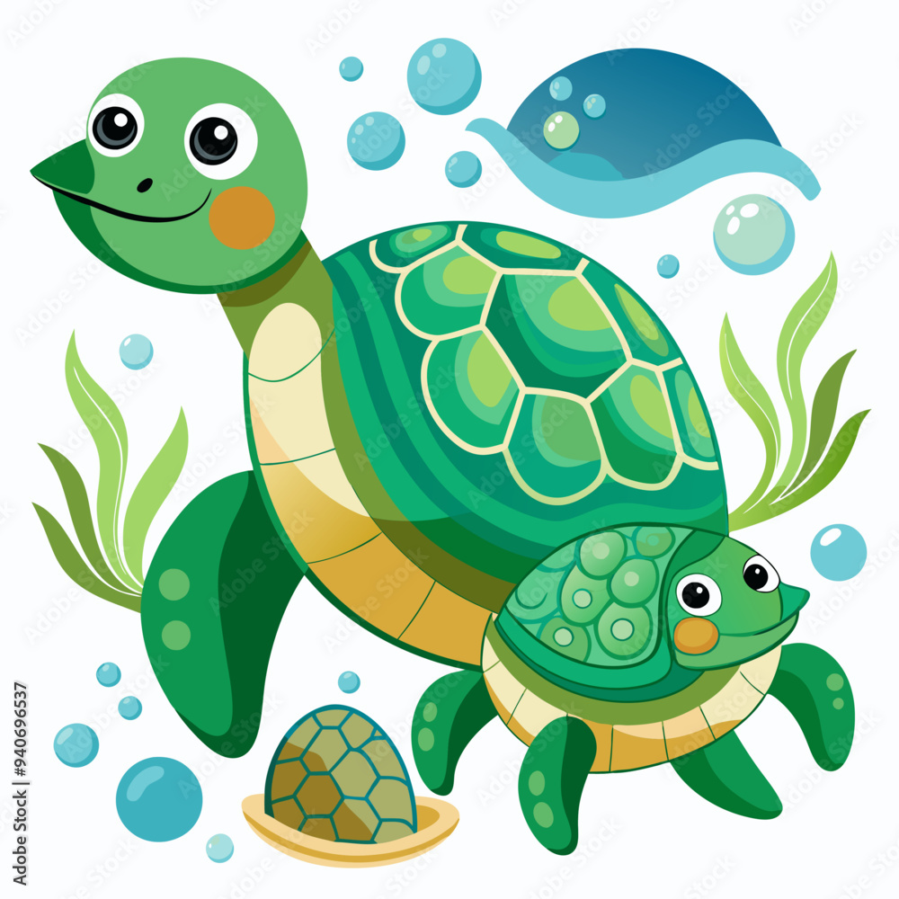 Obraz premium Cartoon Illustration of Two Green Sea Turtles with a Shell and Bubbles