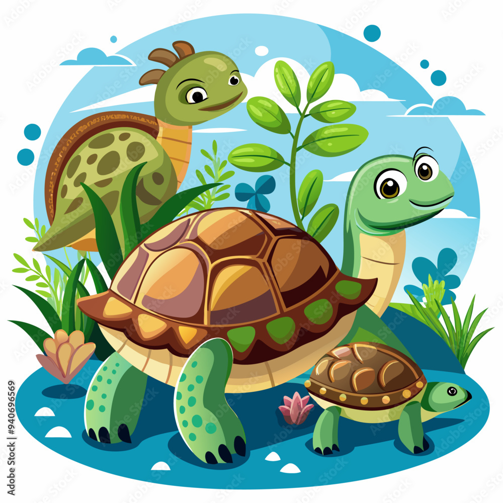 Obraz premium Three Cartoon Turtles in a Lush Meadow Landscape