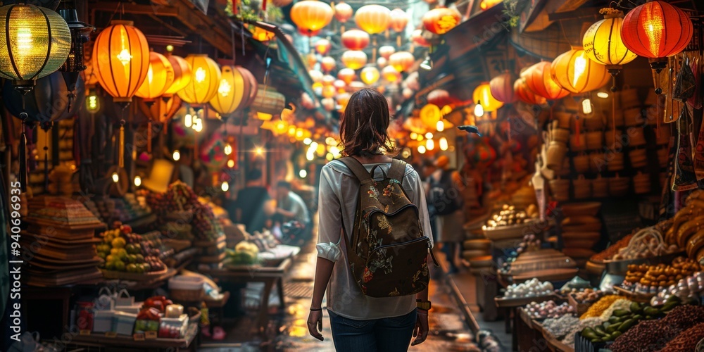 A woman wearing a straw hat walks through a market with a backpack on A woman wearing a straw hat walks through a market with a backpack on