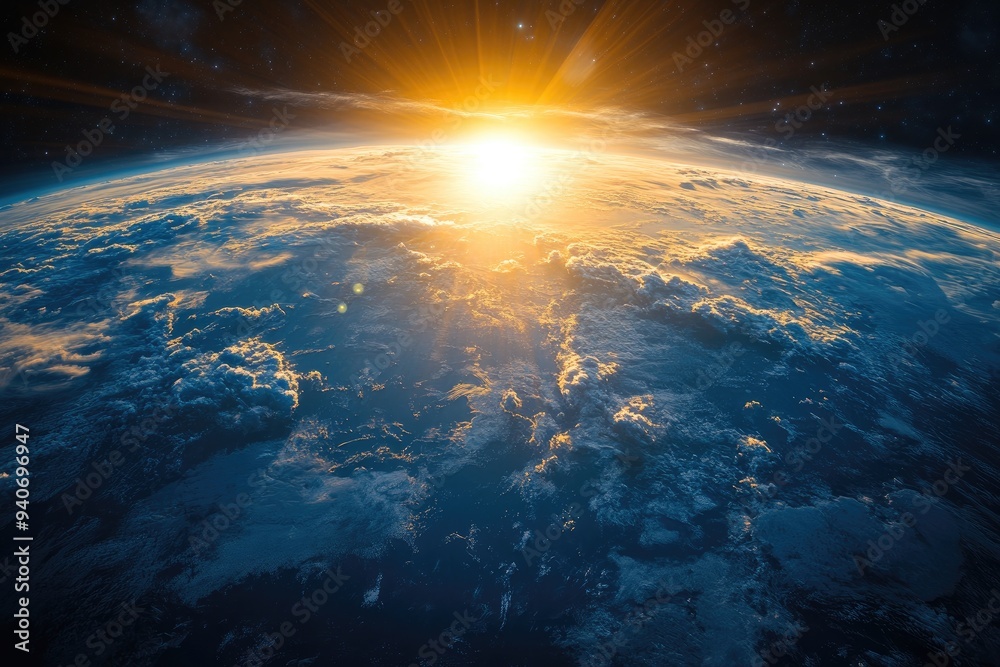 Fototapeta premium Earth's Surface with a Sunrise and Starry Sky