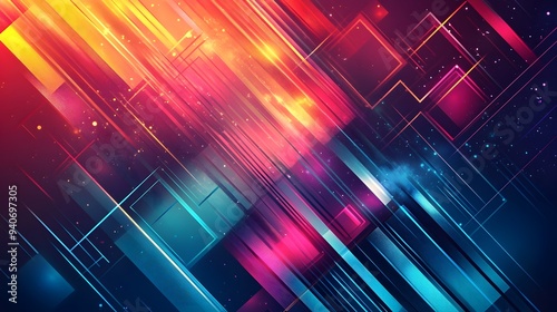 A dynamic abstract background featuring geometric vector modules arranged in a grid pattern, with vibrant colors and sharp angles creating a visually engaging design