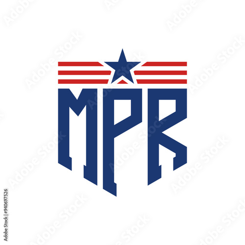 Patriotic MPR Logo with Star and American Flag Straps. Letter MPR Logo with USA Flag photo