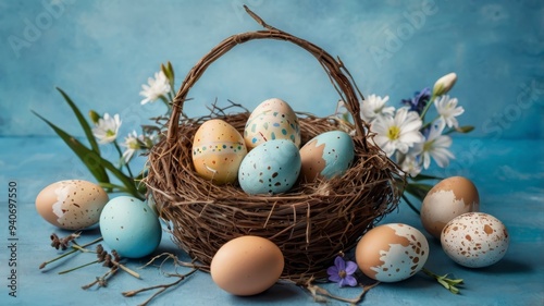 Easter-themed blue background with eggs, flowers, and nest 