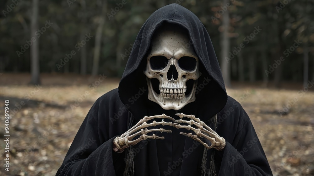 Eerie grim reaper using mobile, skeleton mask Eerie grim reaper using mobile, skeleton mask