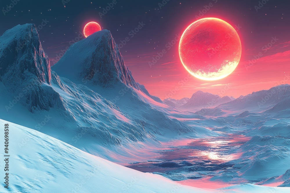 Fototapeta premium A Crimson Moon Over a Snowy Mountain Range