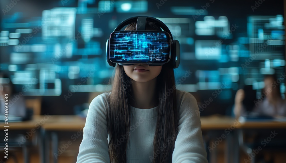 Student in a classroom with a VR headset, exploring AI artificial intelligence and machine learning, featuring interactive technology and a blue hologram for smart education Student in a classroom with a VR headset, exploring AI artificial intelligence and machine learning, featuring interactive technology and a blue hologram for smart education
