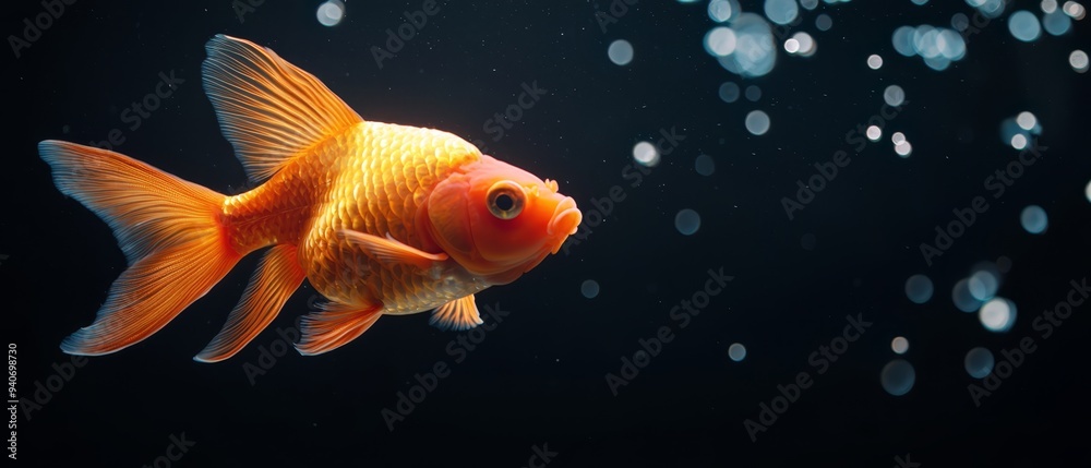 A goldfish in an aquarium, with close-up view, bubbles forming at the fish's bottom gills A goldfish in an aquarium, with close-up view, bubbles forming at the fish's bottom gills