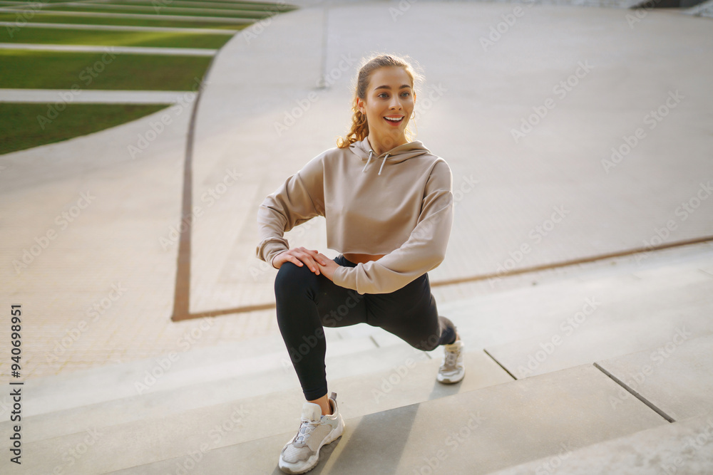 A young woman is engaged in outdoor exercise at a park, wearing headphones and a comfortable outfit. . People, sport, active and flexibility concept A young woman is engaged in outdoor exercise at a park, wearing headphones and a comfortable outfit. . People, sport, active and flexibility concept