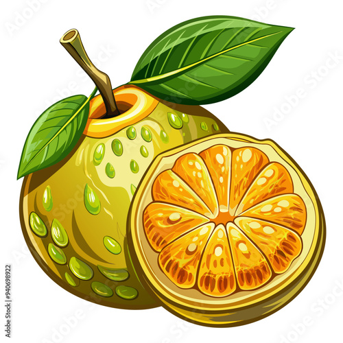 Whole and Sliced Yellow Citrus Fruit with Green Leaves