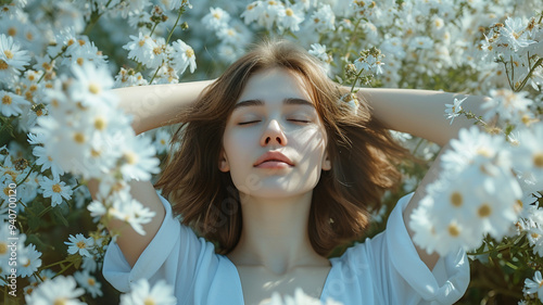 A beautiful woman with an attractive face poses in a flower garden under the morning sunlight.