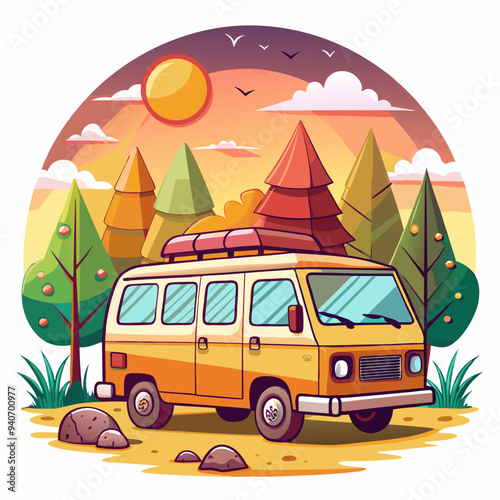 Orange Camper Van Parked in a Forest Clearing at Sunset