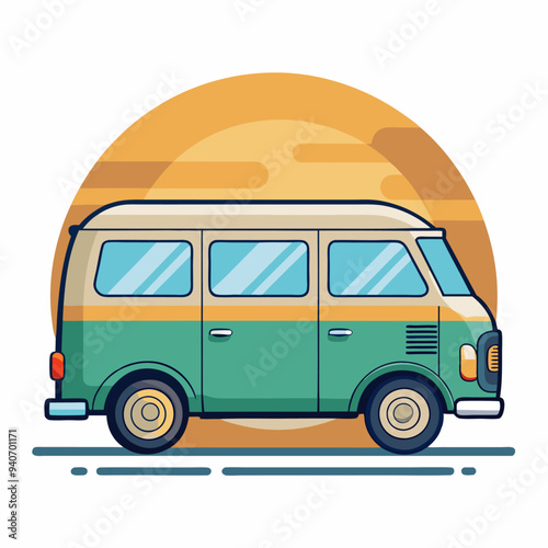 Vintage Camper Van with Sunset Background