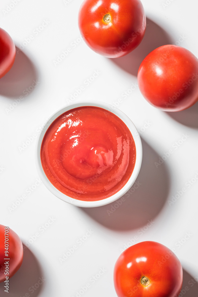 Tomato ketchup in white bowl and tomatoes, top view