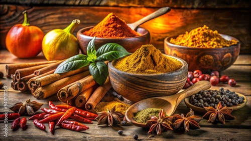 Vibrant Still Life Warm Light Nam Prik Ong Golden Spices Morning Glow Wooden Background Earthy Tones Nature Inspired Rugged Textures Fresh Ingredients photo