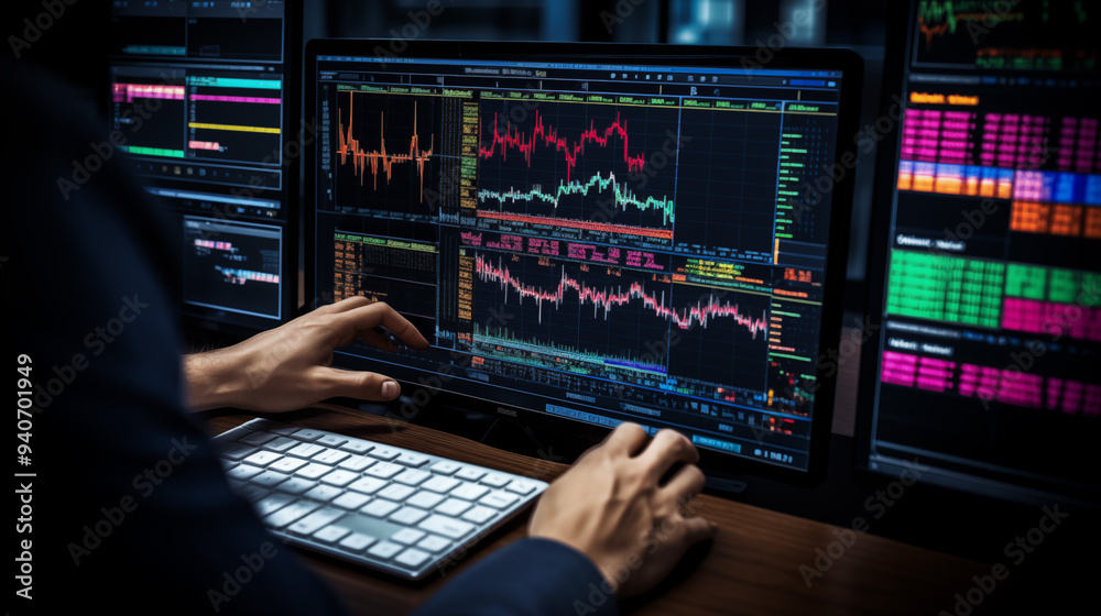 Close-up of hand operating laptop with stock market chart for investment analysis Close-up of hand operating laptop with stock market chart for investment analysis