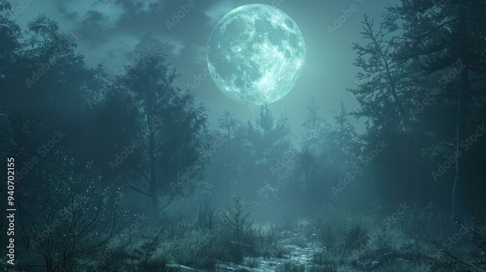 Naklejka premium Full moon illuminating a dense forest, creating eerie shadows