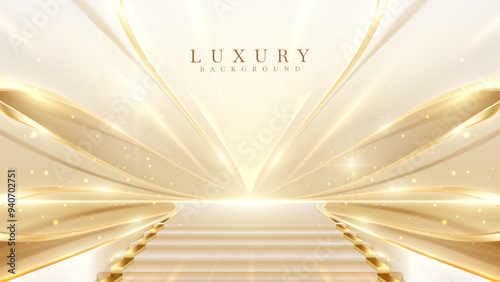 Elegant Gold Stage Scene with Glitter Light Effects, Decorations, and Bokeh. Luxury Stairs Background Design.