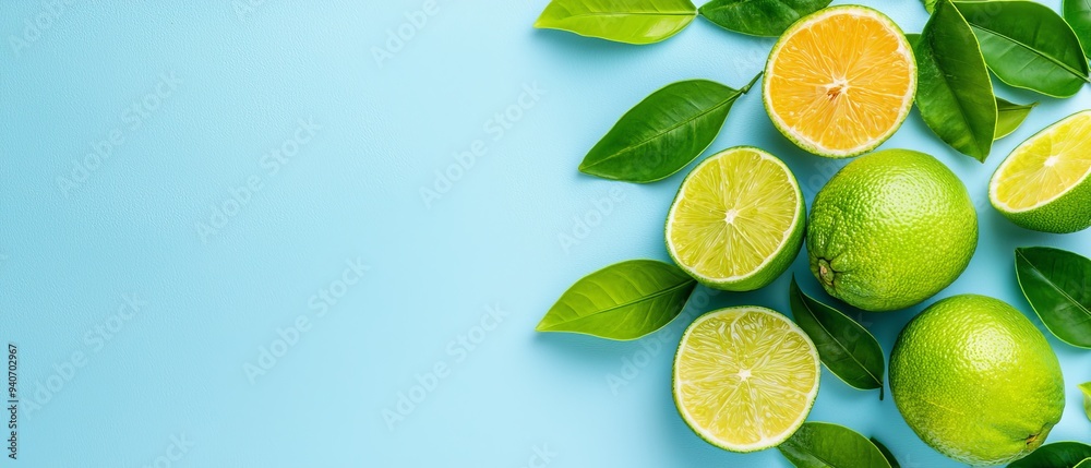 A backdrop of blue showcases a collection of limes and their leaves, reserved for text or imagery insertion A backdrop of blue showcases a collection of limes and their leaves, reserved for text or imagery insertion