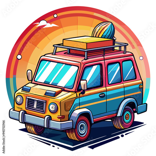 Colorful Cartoon Van with Rooftop Luggage and a Sunset Background