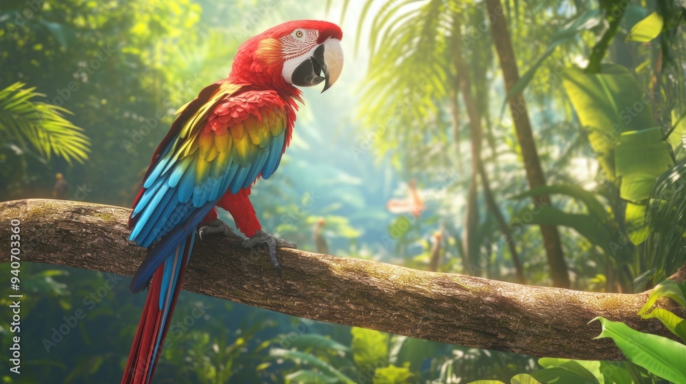 Obraz premium A Scarlet Macaw perches on a tree branch in a lush jungle setting.