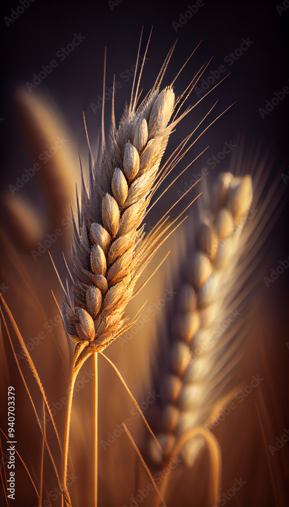 Golden wheat ears growing up in a farm field. Isolated young textured wheat. Blurred vertical background. Generative AI Golden wheat ears growing up in a farm field. Isolated young textured wheat. Blurred vertical background. Generative AI