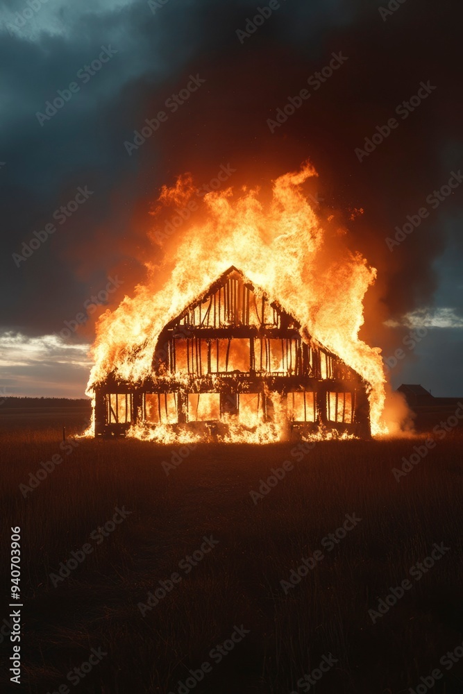 A wooden house engulfed in flames during a twilight fire