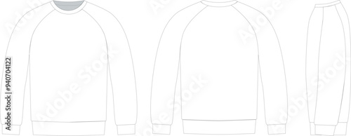 Editable technical fashion sketch for a basic Raglan sweatshirt with a crew neck collar, 
for apparel design, tech packs, and fashion production. Front, back, and side view.