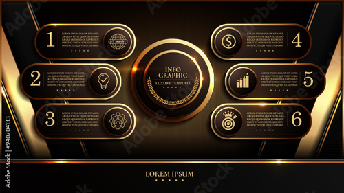 business luxury infographic templates, gold black color, flow chart data visualization for abstract background template 6 steps options.