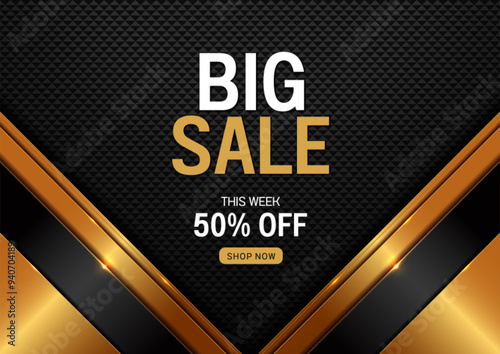 big sale 50 percent off black gold background, social media content banner template, artwork for marketing department stores, ad or product brand, sales promotion.