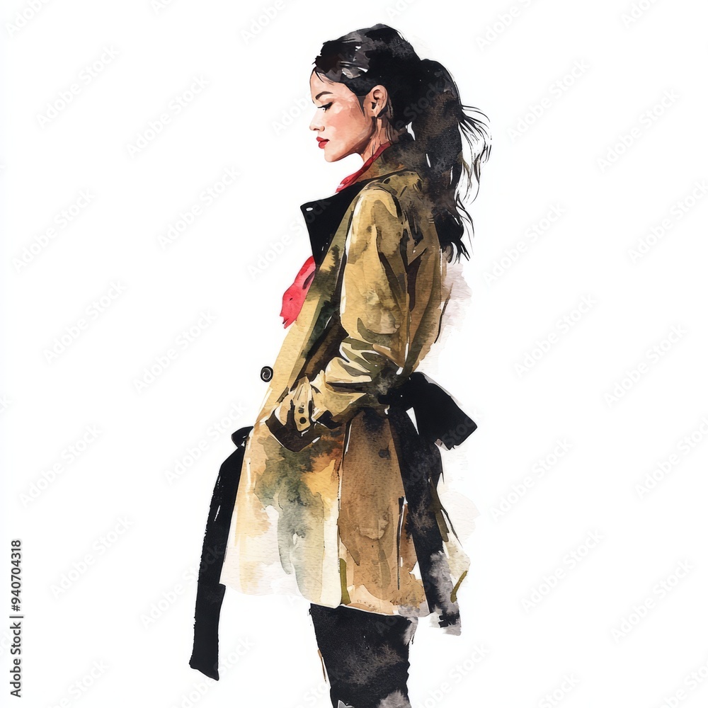 watercolor painting of a fashion model in a stylish trench coat, on isolated white background watercolor painting of a fashion model in a stylish trench coat, on isolated white background