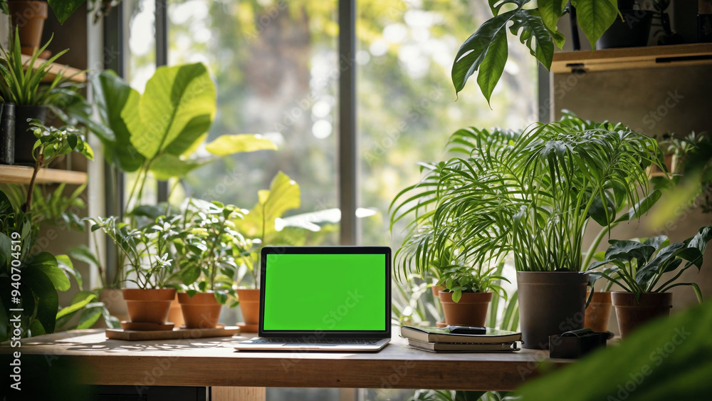 Laptop mockup green screen in modern home office with house plants and sunlight, stylish workspace setup, eco-friendly decor Laptop mockup green screen in modern home office with house plants and sunlight, stylish workspace setup, eco-friendly decor