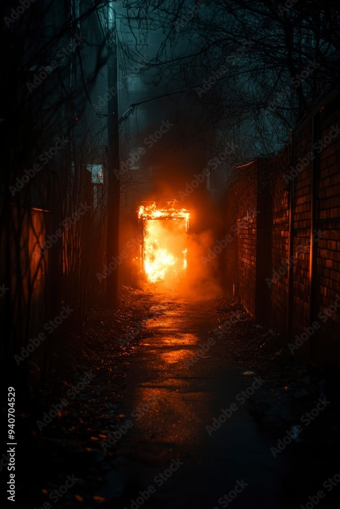 Fototapeta premium Burning Doorway in a Dark Alleyway