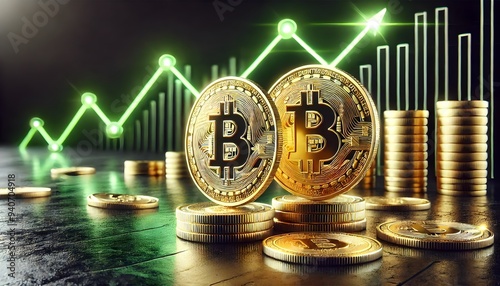 Two Bitcoins standing on a stack of coins, with a green rising graph, bullish bitcoin illustration.
